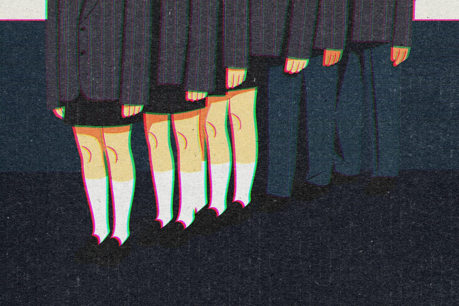 Illustration of people in suits and skirts, bright socks, and shoes in a glitch art style; suitable for design mockups or template backgrounds.