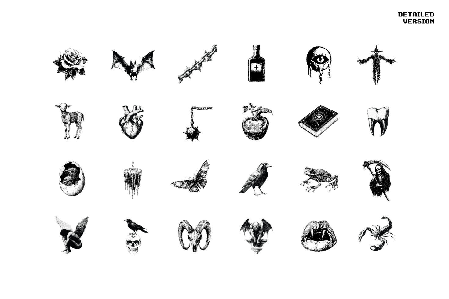 Collection of 25 detailed black and white vintage graphics featuring various Gothic elements for use as design assets. Perfect for designers.
