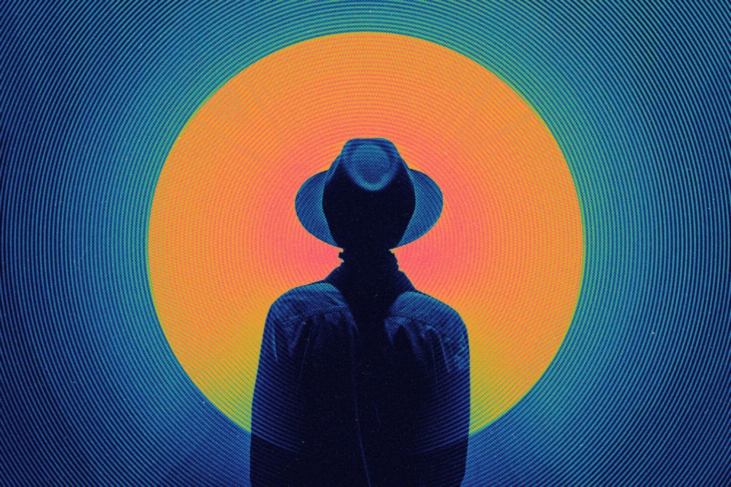 Silhouette figure wearing cowboy hat centered in glowing circular gradient backdrop