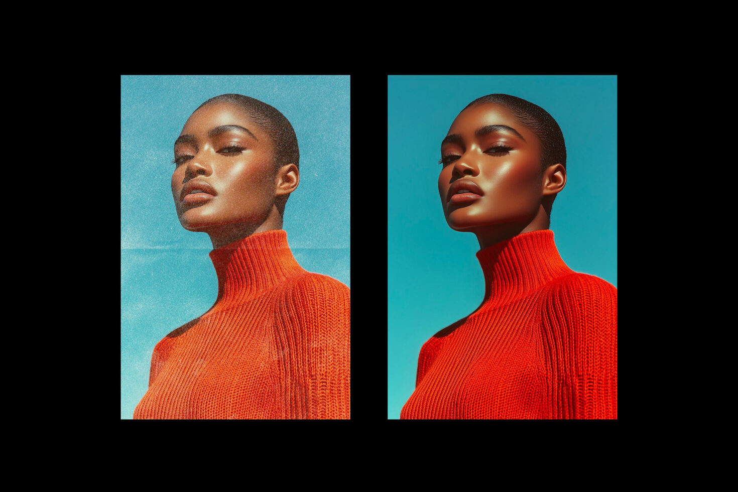 Two photo comparison showing color grading adjustments on woman in orange turtleneck