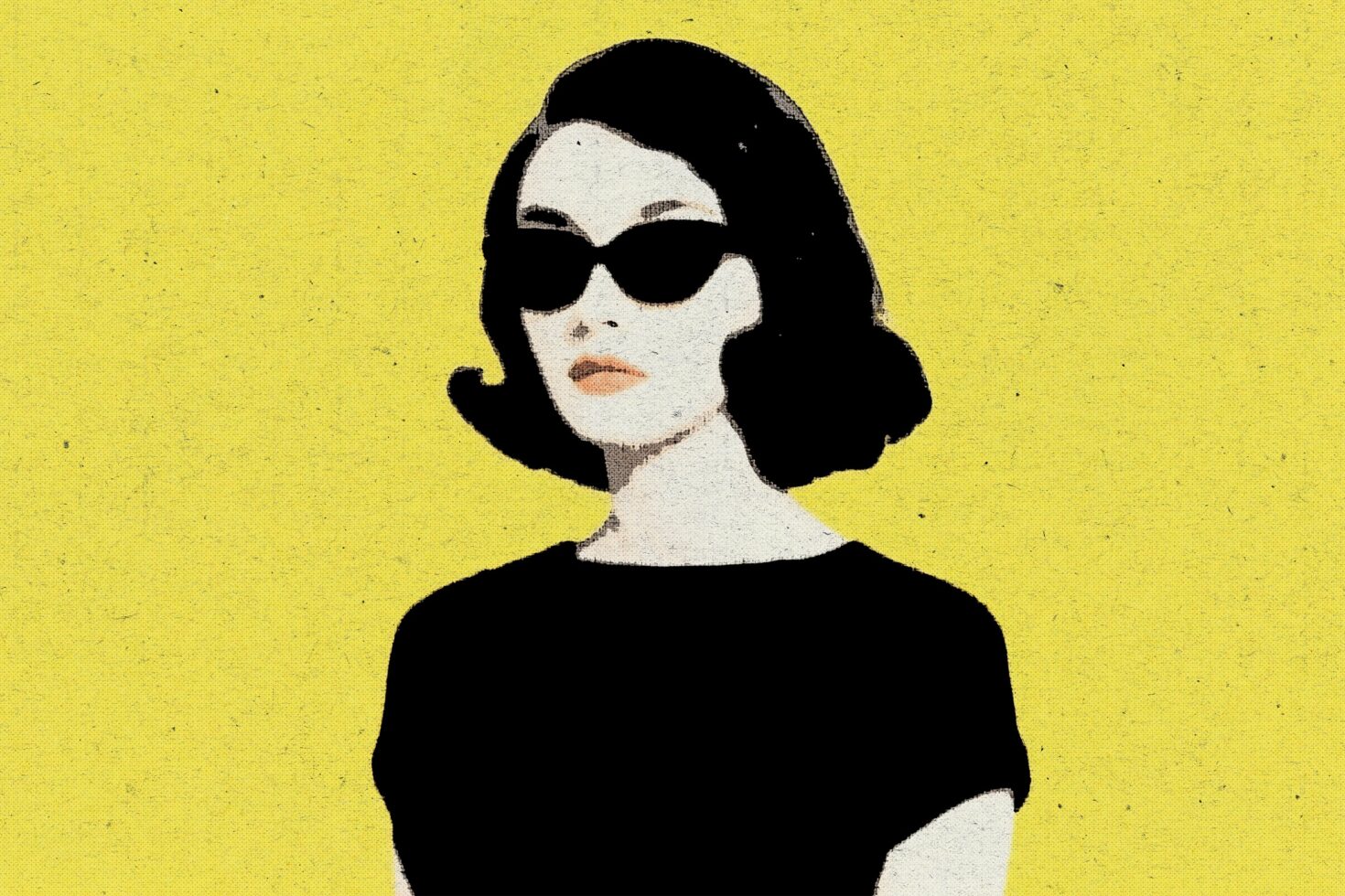 Woman with black bob haircut wearing dark sunglasses on bright yellow background