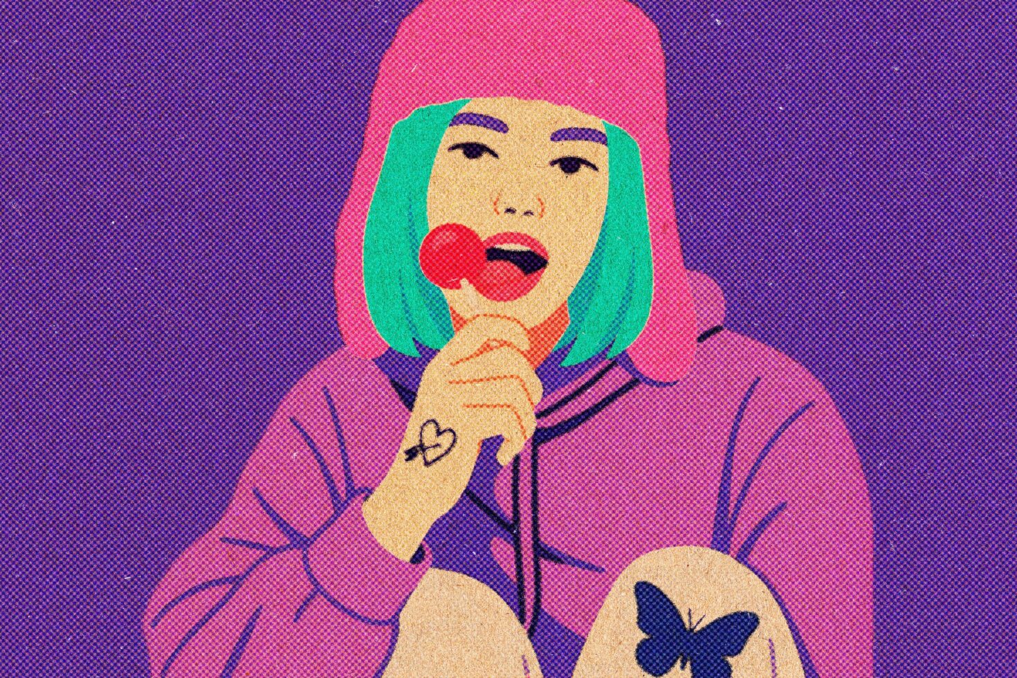 Pop art portrait with bright pink, green colors, person holding lollipop