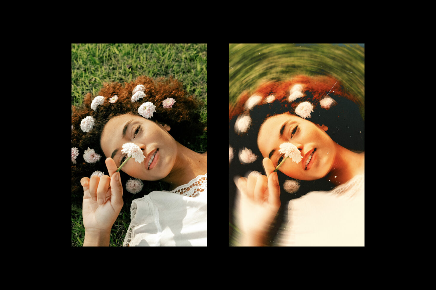 Woman lying on grass holding flowers in her hair. Includes an original and edited version. Perfect for mockups, graphic designs, photo editing inspirations.