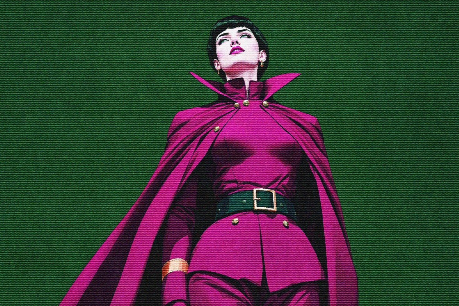 Figure in magenta cape against green textured background with scanline effect