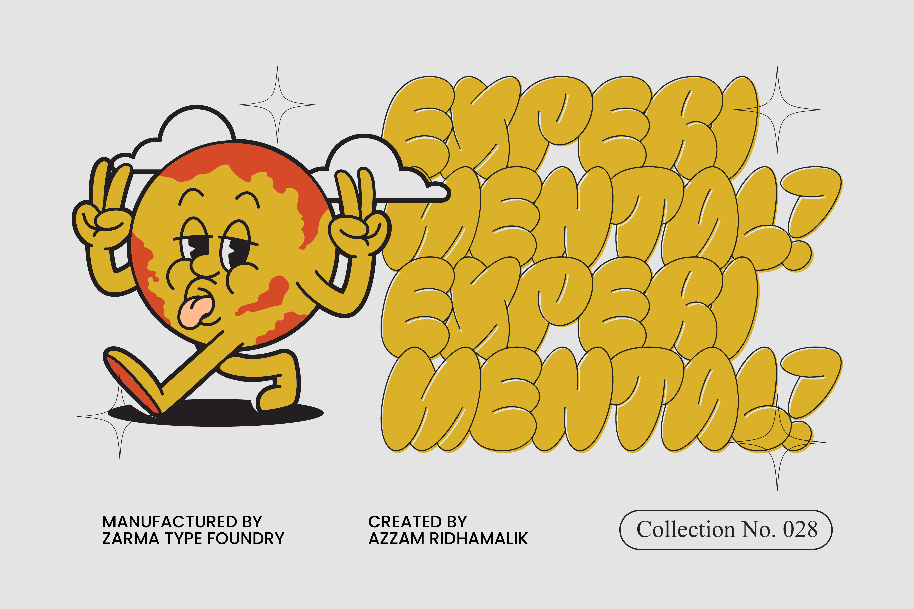 Playful cartoon typography design featuring experimental fonts in bold yellow shapes. Ideal for creative graphic projects and design inspiration.