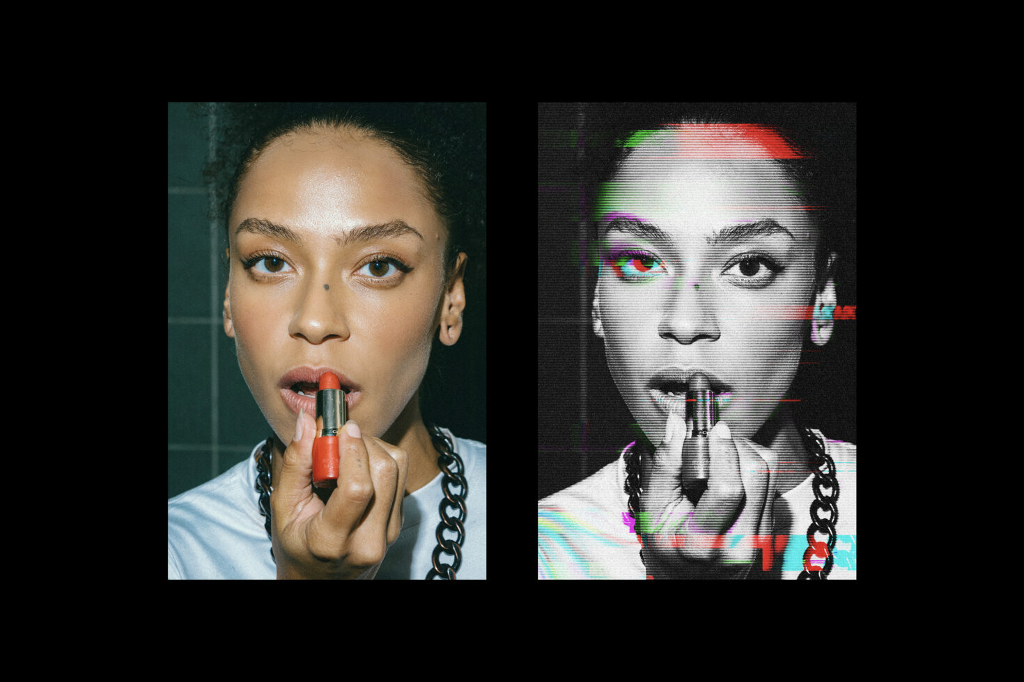 Before after portraits with chromatic glitch effect, left natural photo right digitally distorted with neon colors