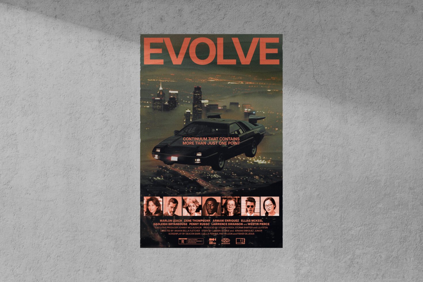 Futuristic movie poster design featuring a flying car over a city skyline with cast photos below. Ideal for designers seeking creative inspiration. Mockup template.
