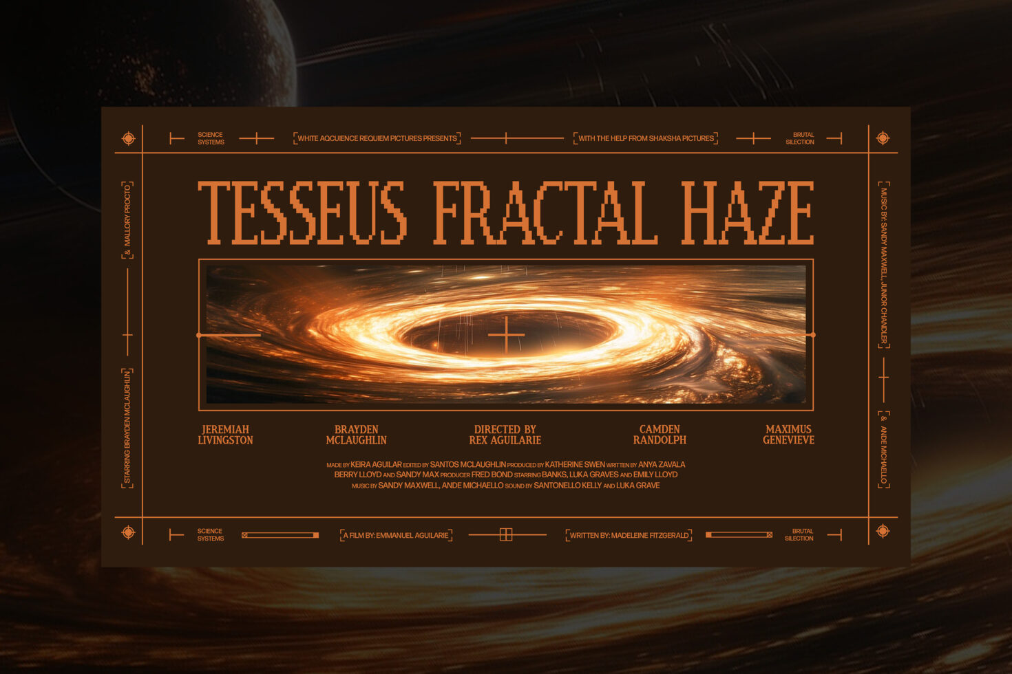 Sci-fi movie poster mockup with vortex design orange text Tesseus Fractal Haze digital asset for designers suitable for graphics and templates.
