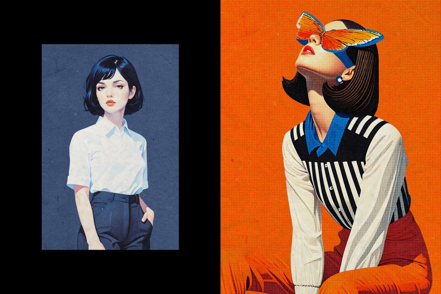Illustration showing two stylish women in retro fashion. Ideal for graphic design assets. Keywords: illustration, fashion, retro, style, graphics.