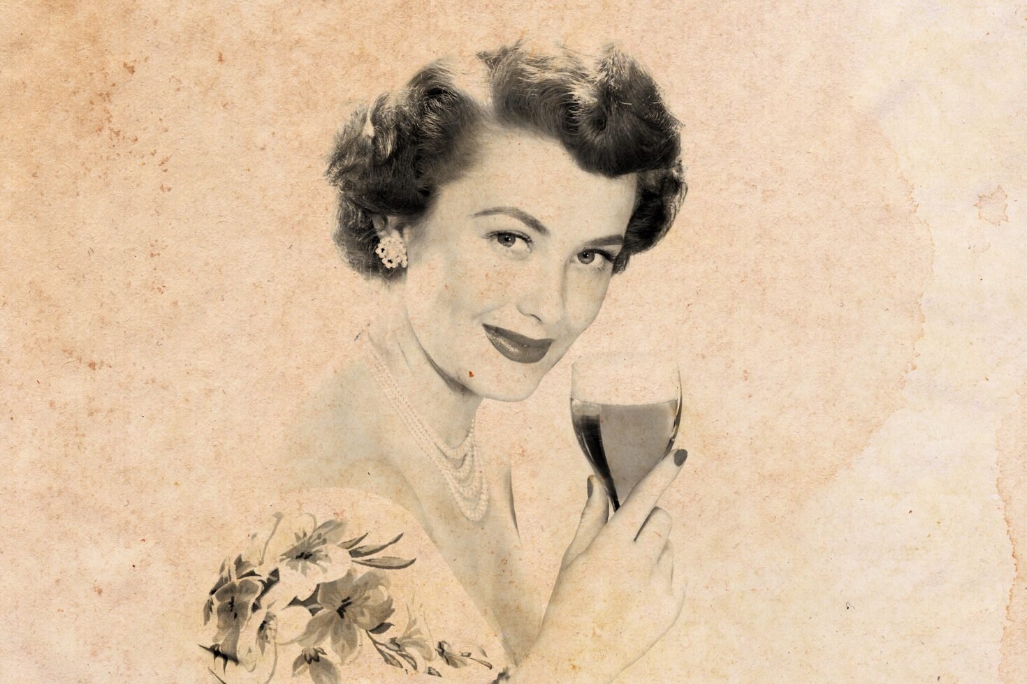 Vintage portrait of a woman holding a wine glass on textured paper background suitable for graphic design projects and retro templates.