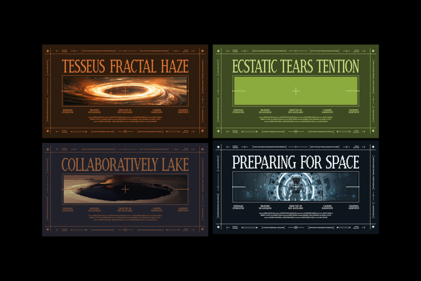 Set of four futuristic film title templates for designers with sci-fi themes. Ideal for graphic design, typography projects, movie mockups, poster design.