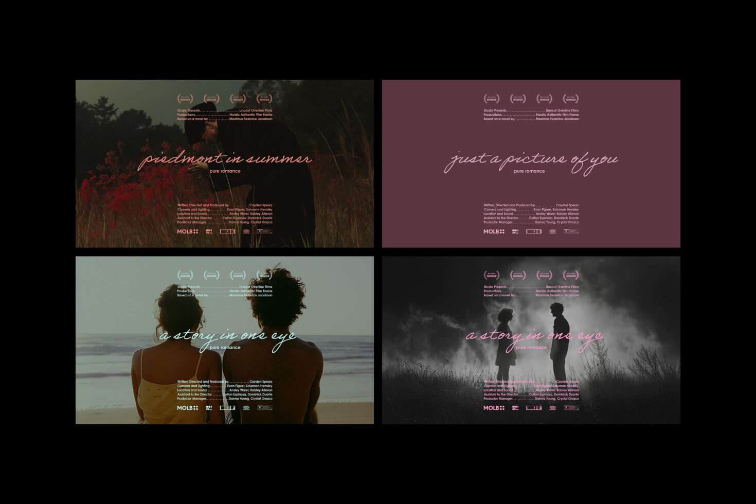 Retro movie poster mockup set featuring romantic film themes. Includes award icons and elegant typography. Ideal for designers creating film graphics.
