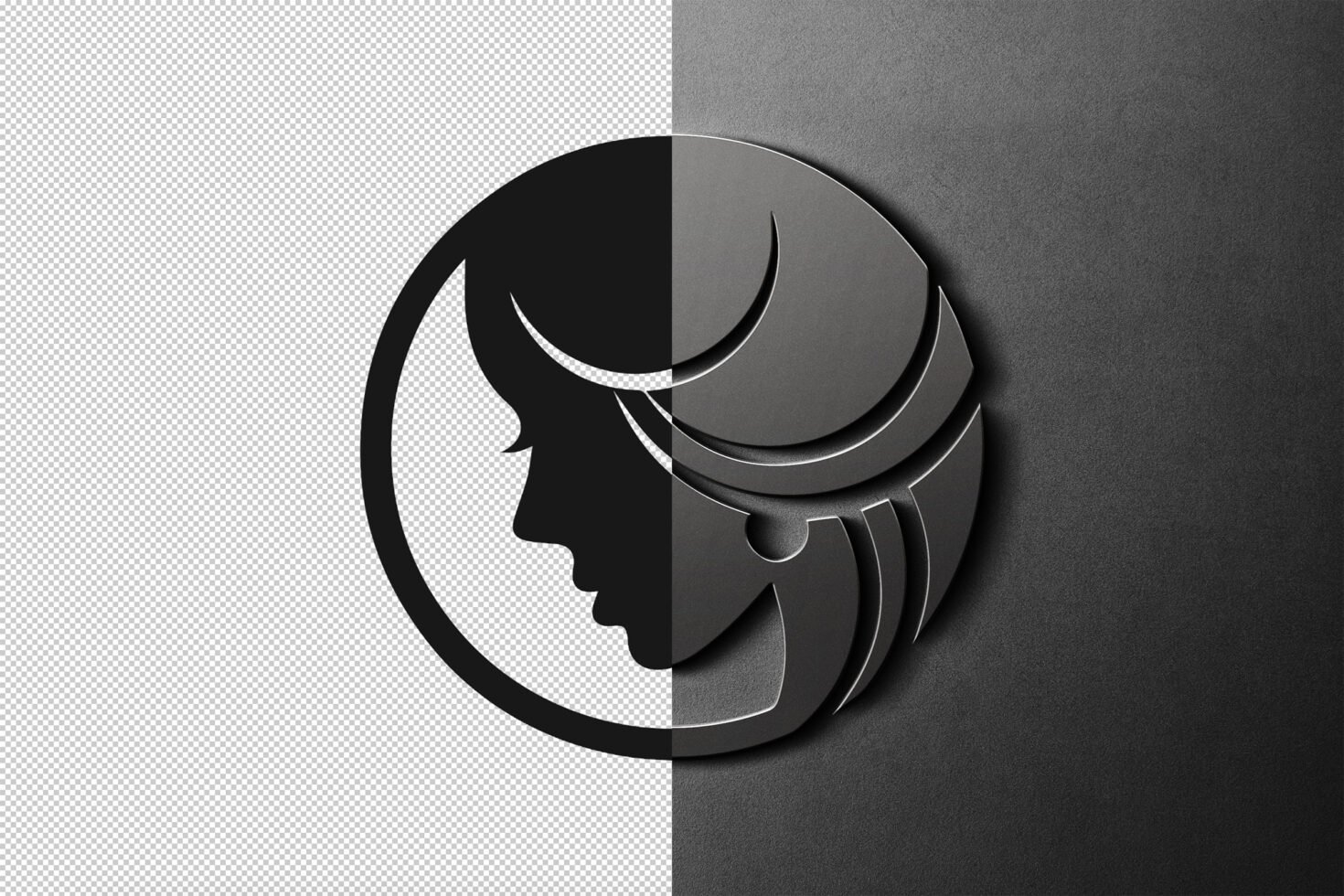 Black and white profile silhouette logo mockup. Half transparent on grid background, half silver embossed on dark surface. Ideal for templates, graphics.