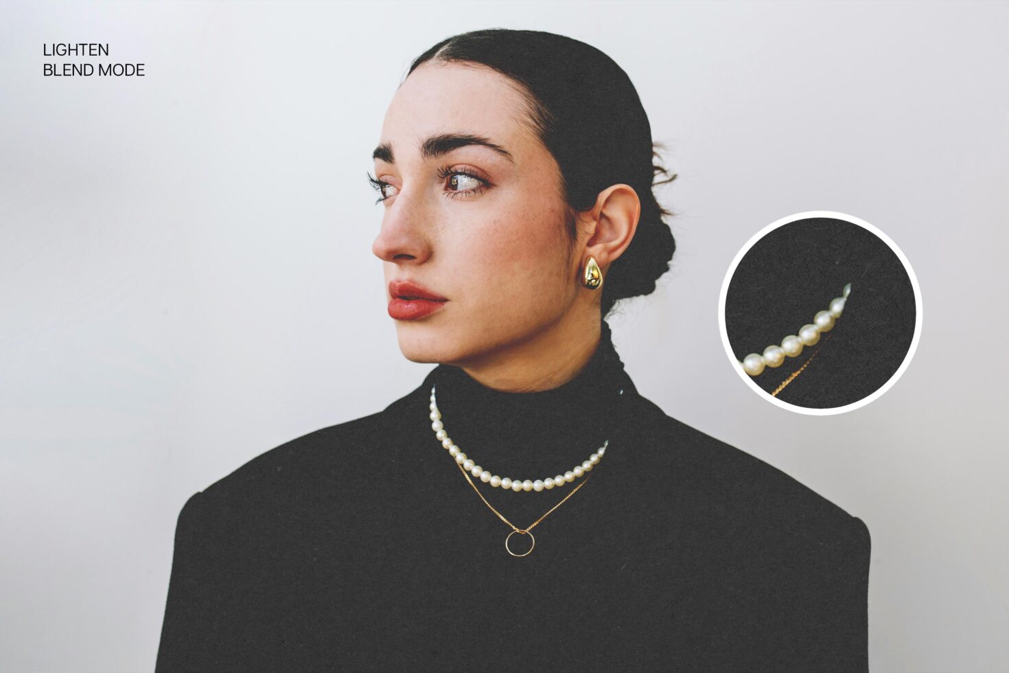 Portrait of person in black attire with focus on pearl necklace and gold earring; ideal for fashion mockup, jewelry design, digital assets, templates.