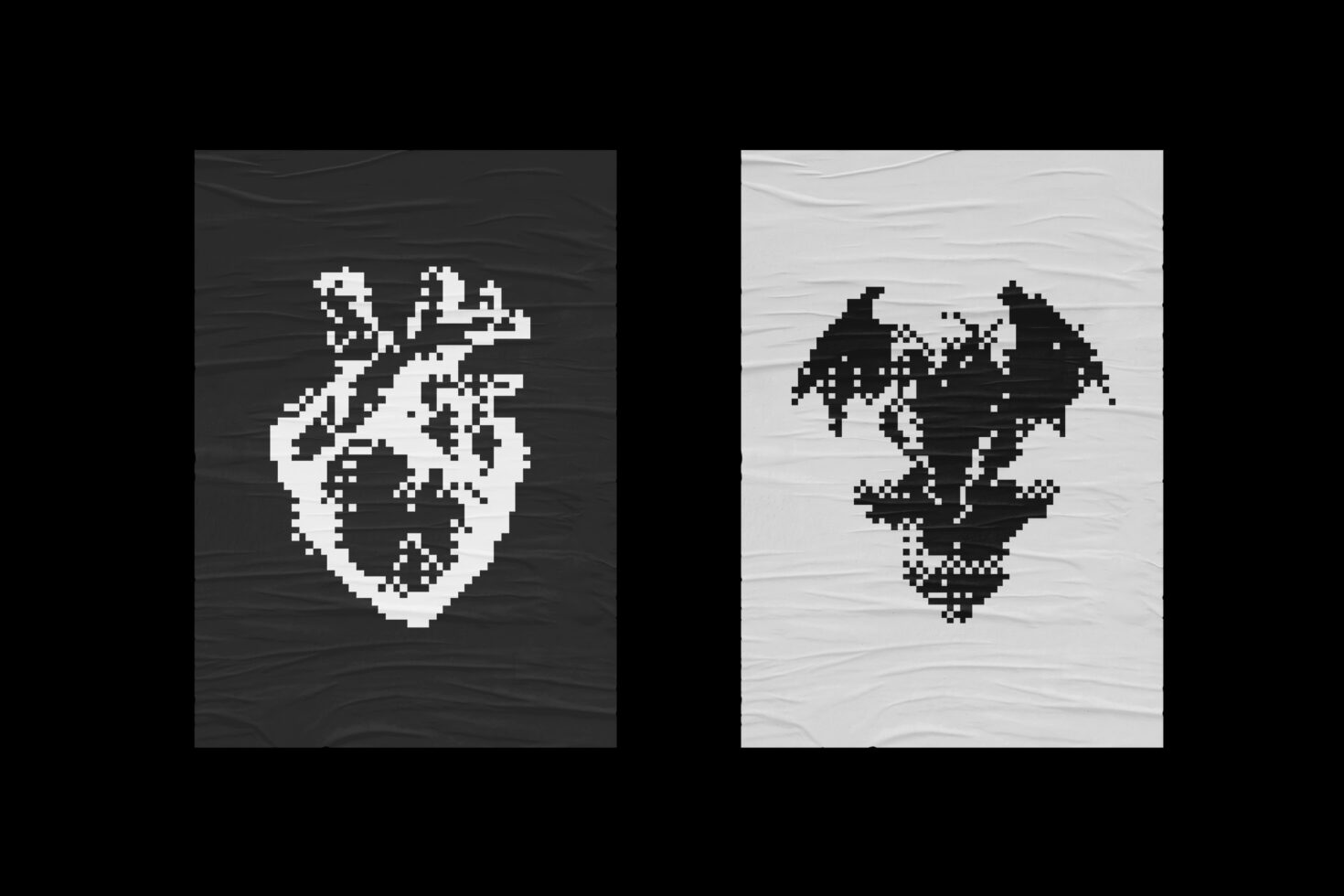Digital pixel art posters featuring heart and dragon designs on contrasting backgrounds suitable for graphic design projects and creative templates.