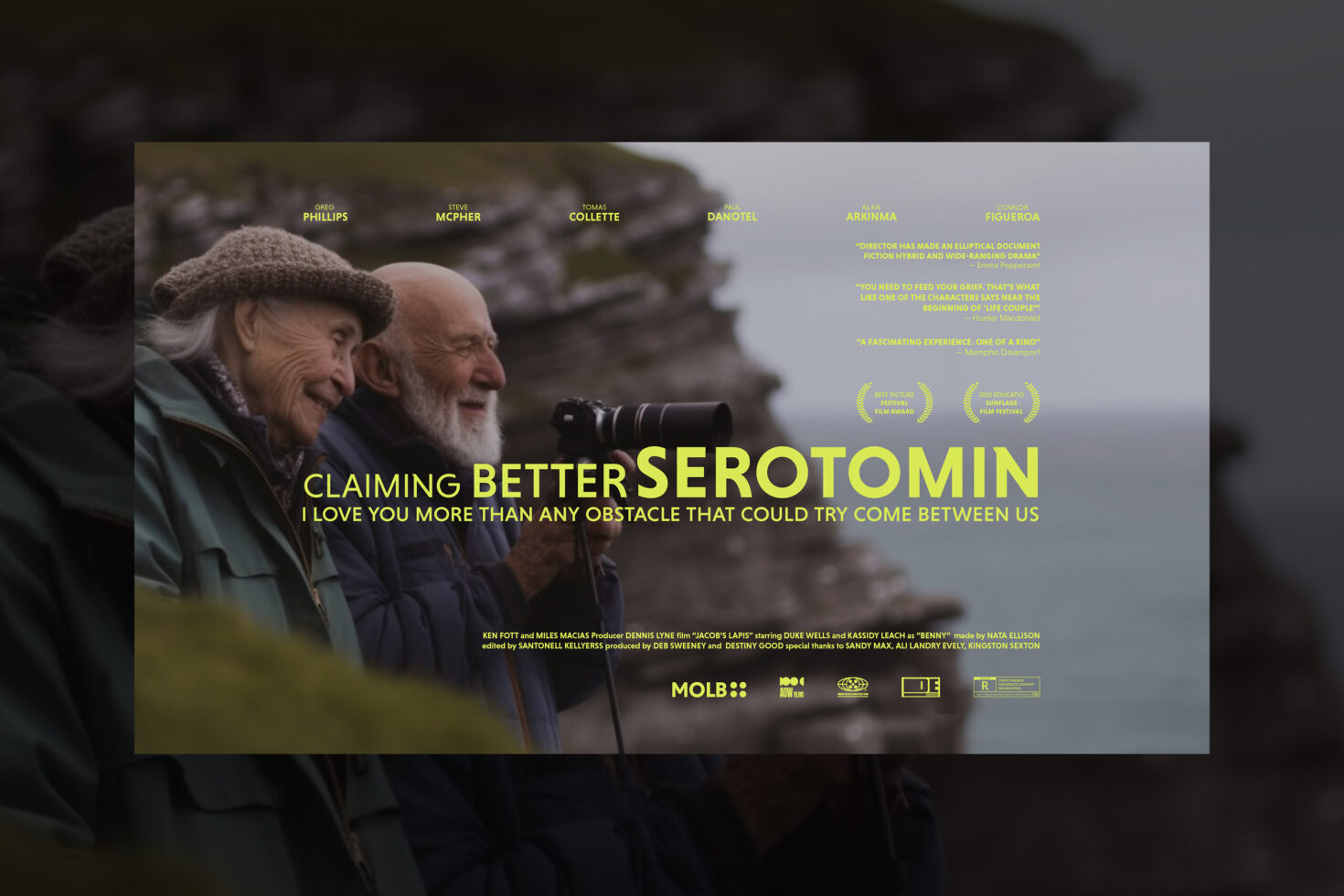 Elderly couple with camera at coastline; peaceful, nature, photography, outdoor, couple, documentary style, landscape, film mockup, designer graphic resources.