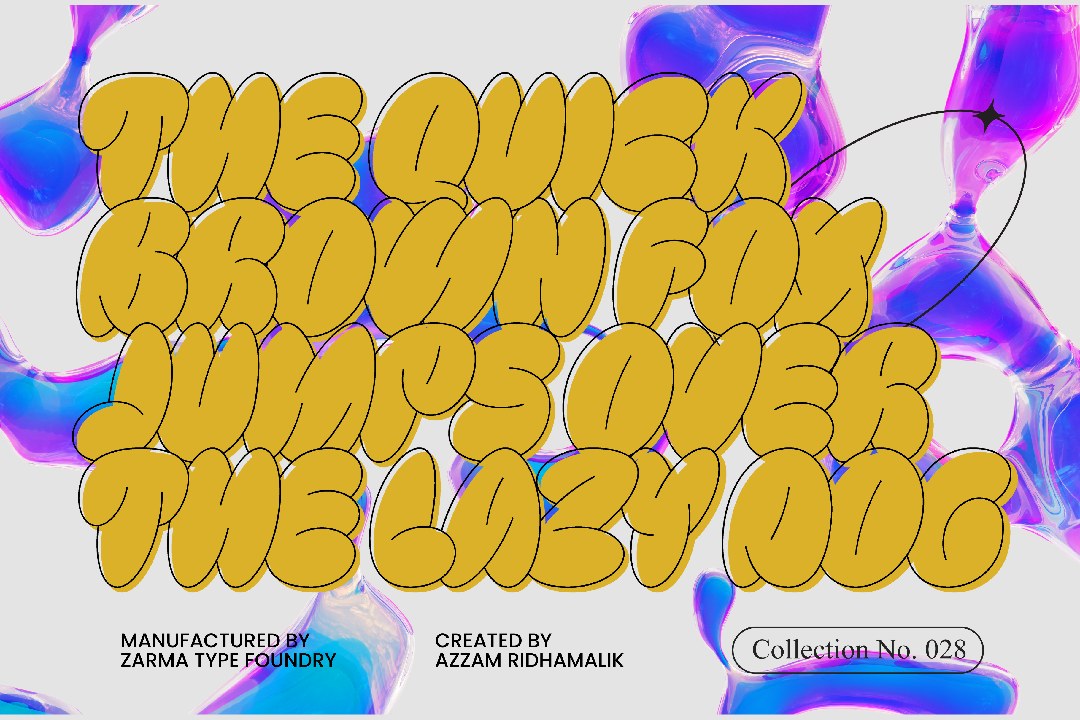 Bold 3D typeface sample with fluid colorful background perfect for graphic design projects. Font mockup showcasing creative typographic layout.