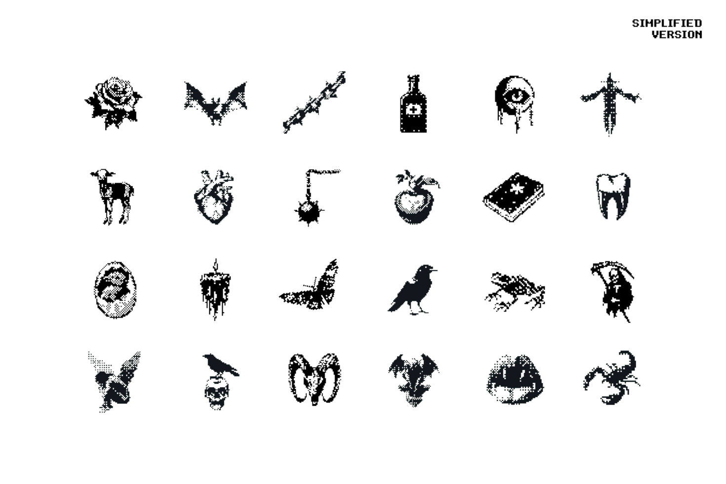 Vintage tattoo-inspired graphics collection with 24 unique monochrome icons including animals skulls flowers and symbols ideal for design templates.
