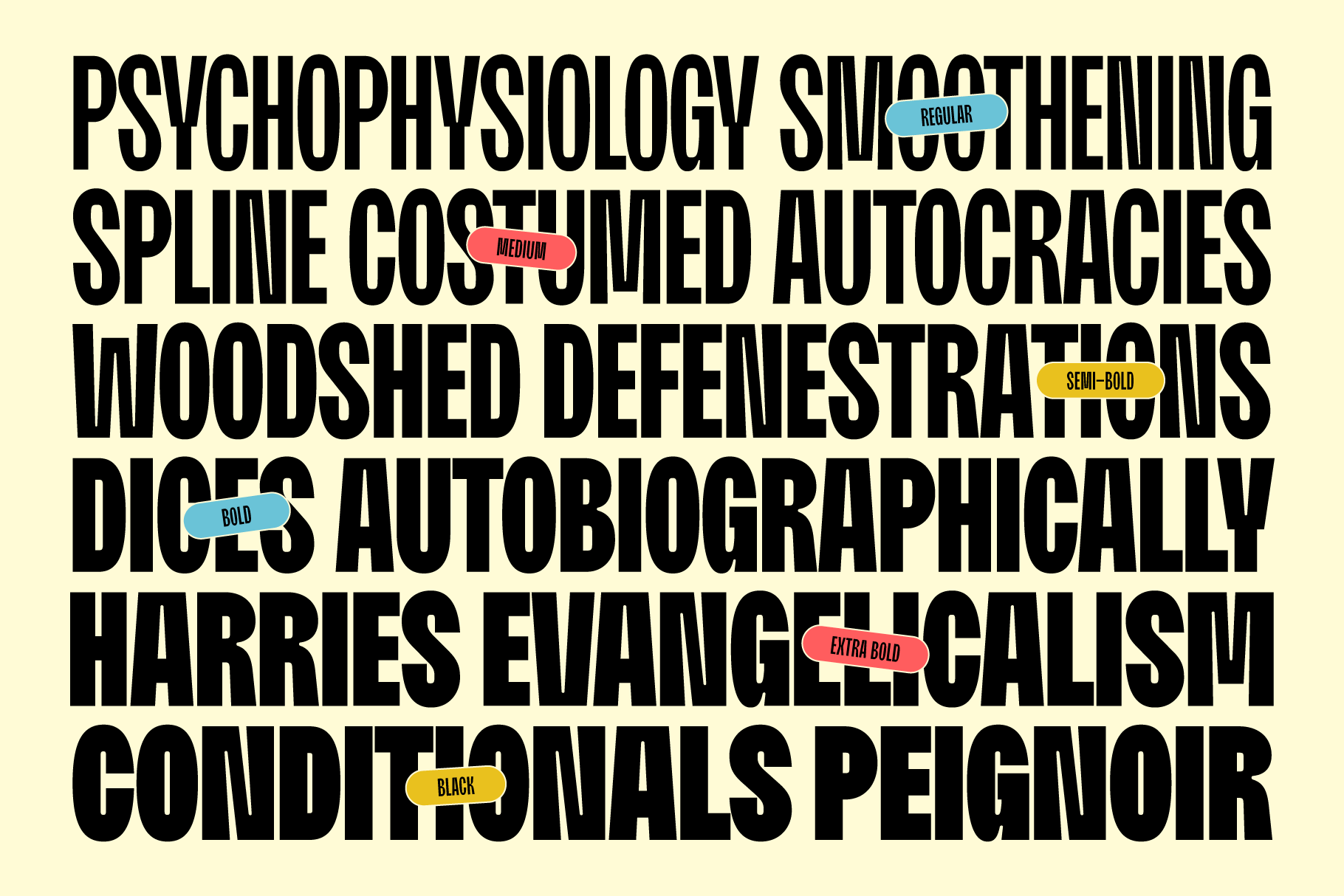 Bold typography display showcasing various font weights like regular and bold on a beige background; ideal for graphic design projects and templates.