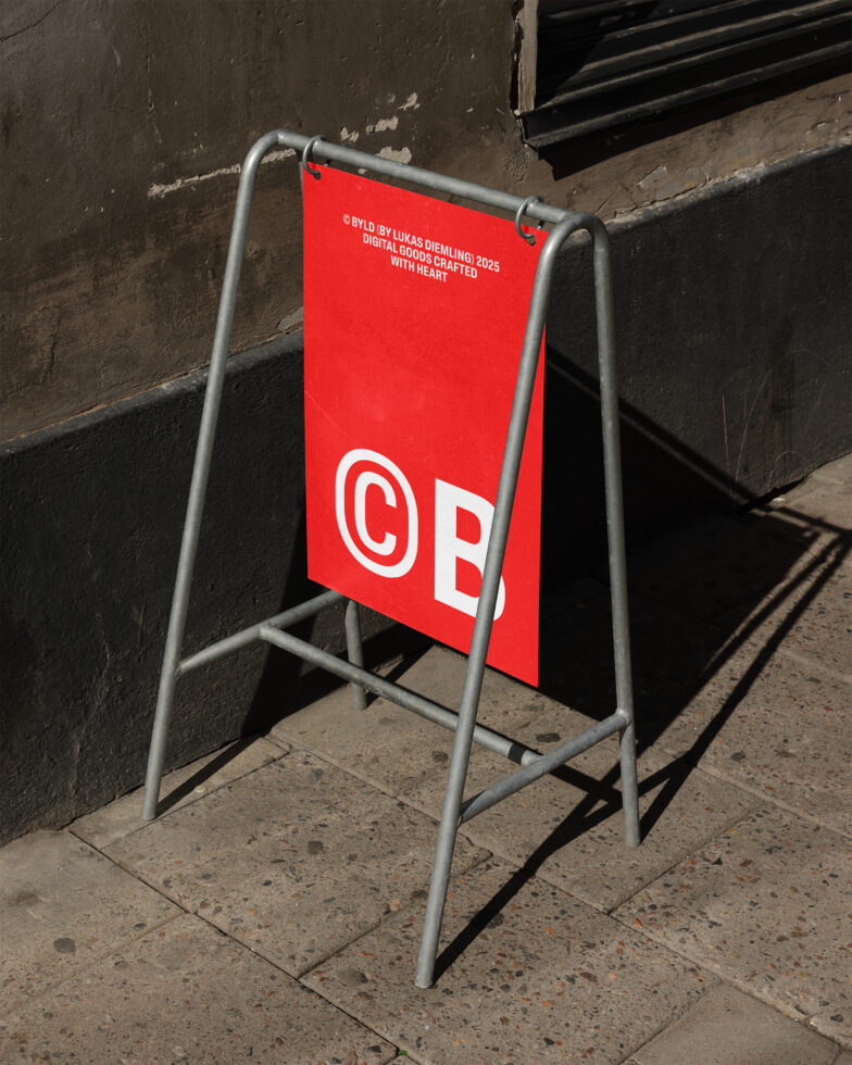 Red street sign mockup with metal frame placed on urban sidewalk. Ideal for designers creating brand identity, promotional graphics, and signage templates.