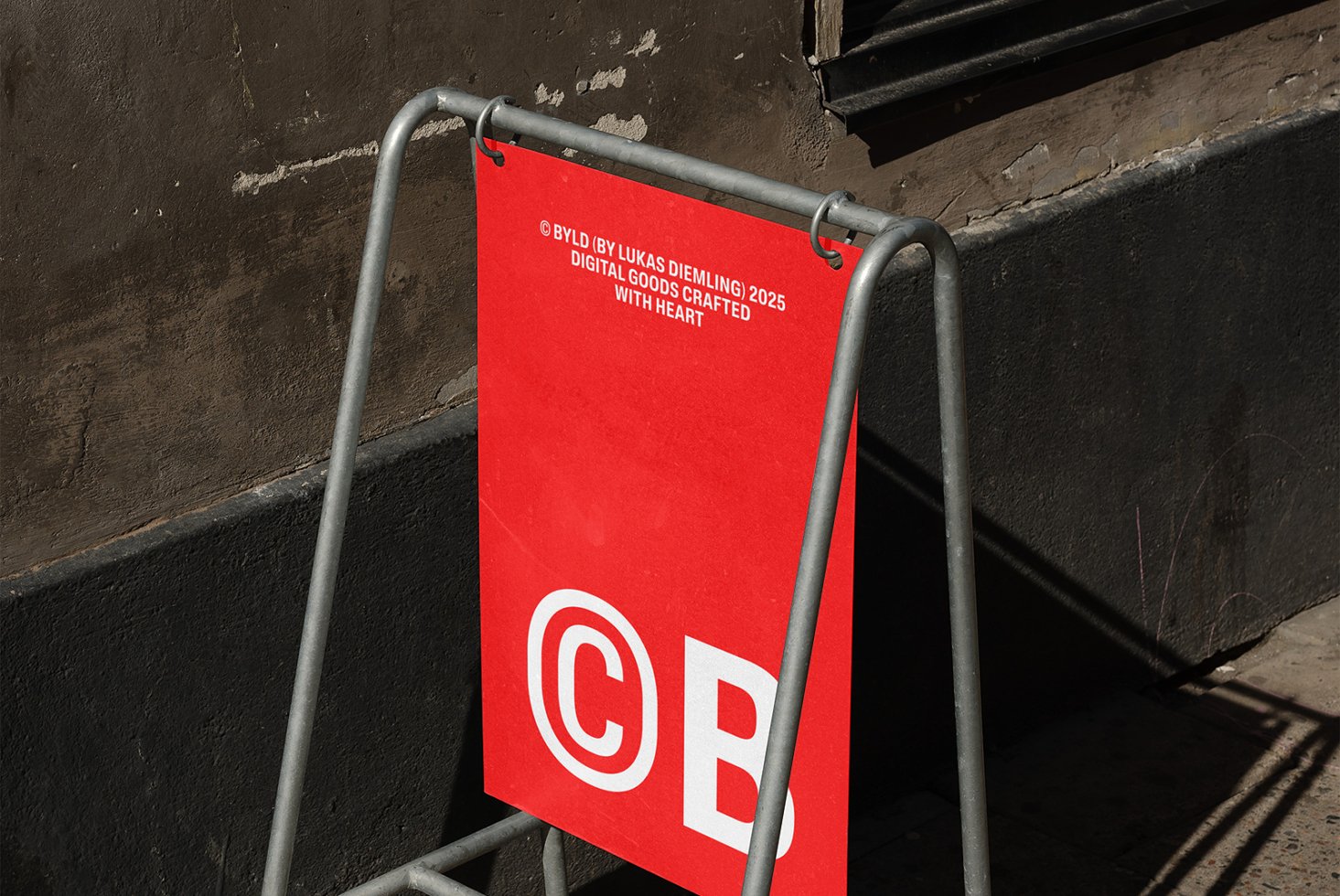 Red urban poster mockup on metal stand against textured wall ideal for showcasing branding digital assets templates for graphic designers marketing.