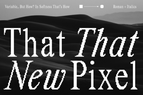Bold pixelated font design with unique style and italic variations over dark sand dunes background. Perfect for graphic design and typography projects.