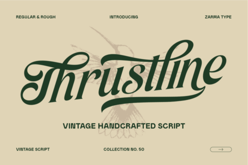 Thrustline vintage handcrafted script font sample showing regular rough styles by Zarma Type