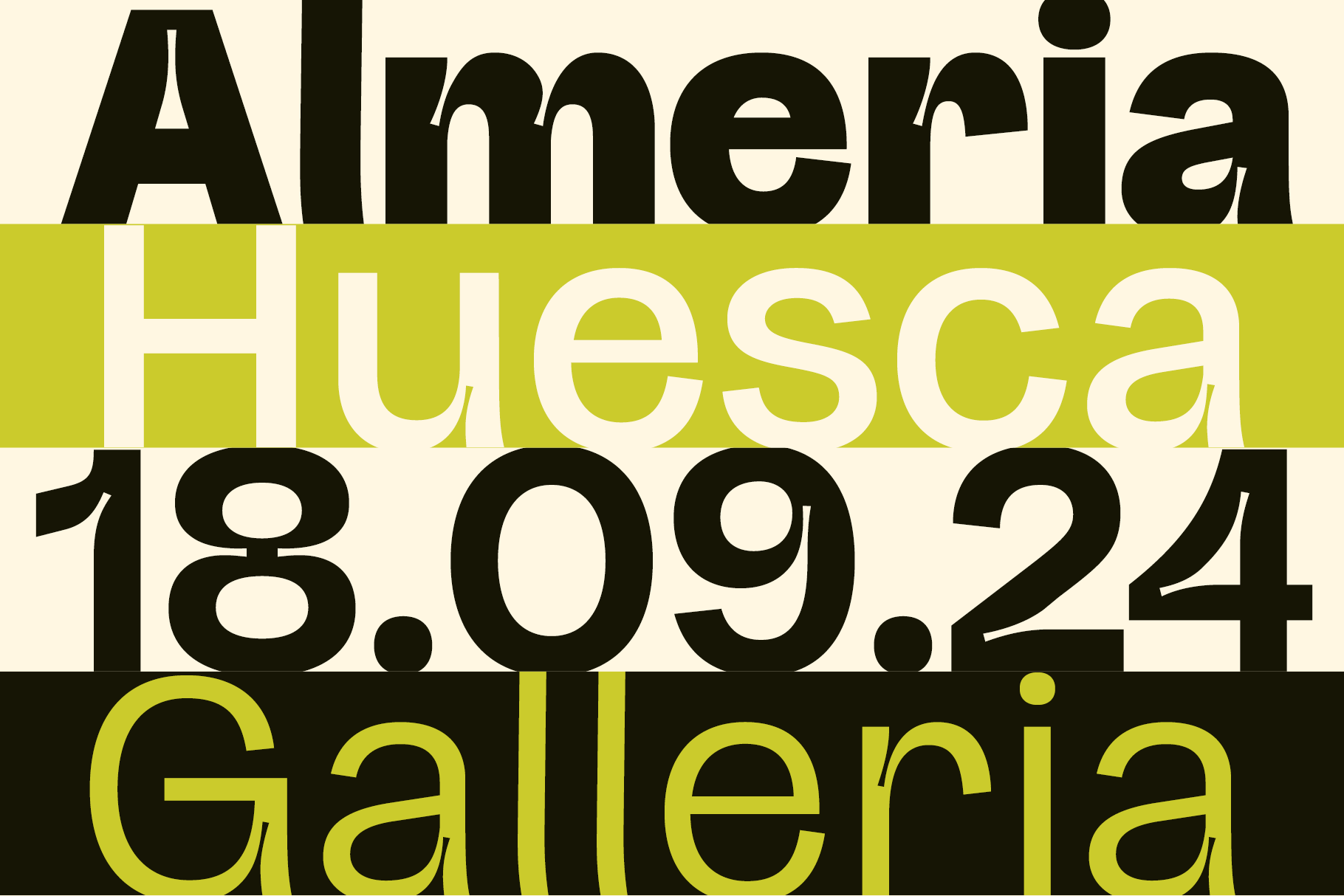 Modern typography design featuring bold sans-serif font spelling Almeria Huesca Galleria and date 18.09.24 in contrasting colors for graphic templates.