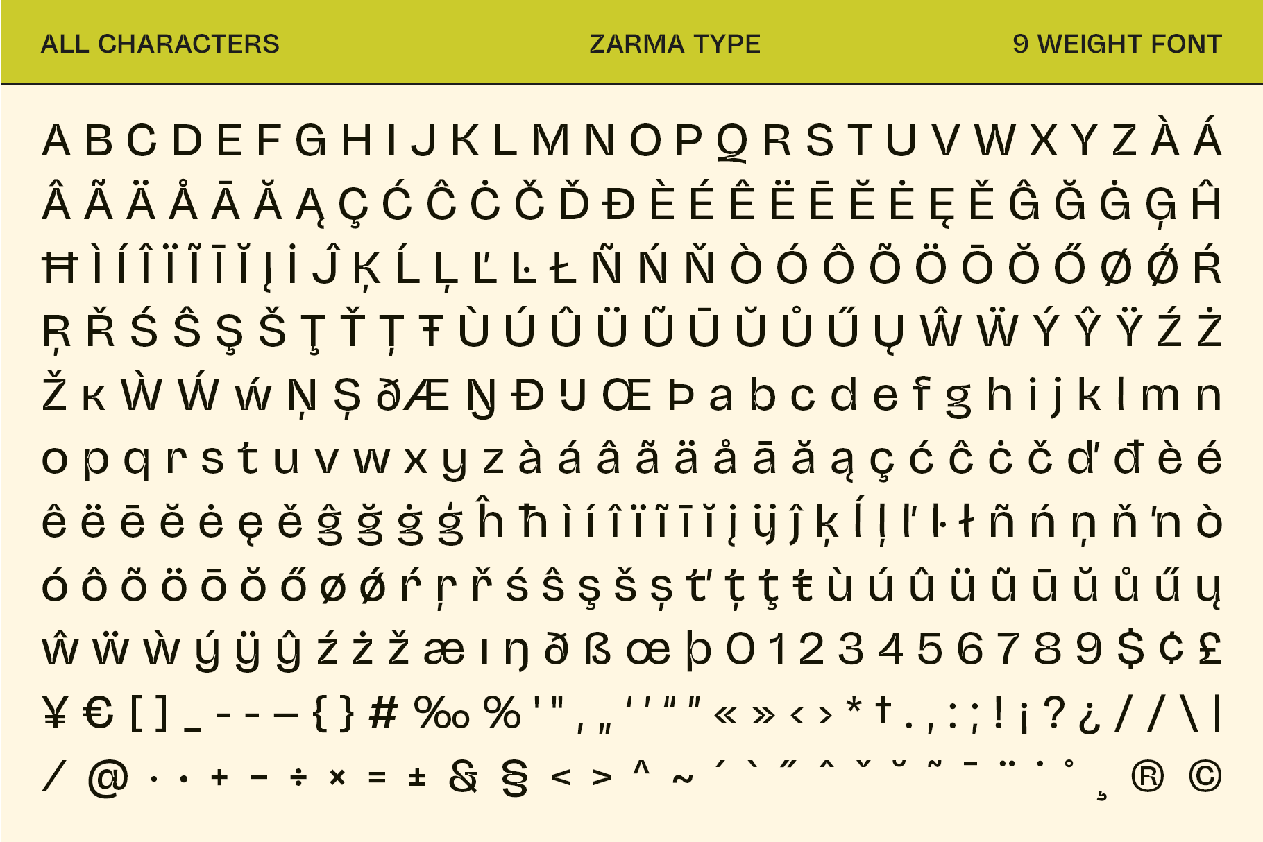 Zarma type font, 9 weights, displaying uppercase, lowercase, special characters, and numbers. Ideal for graphic design, fonts, typography projects.