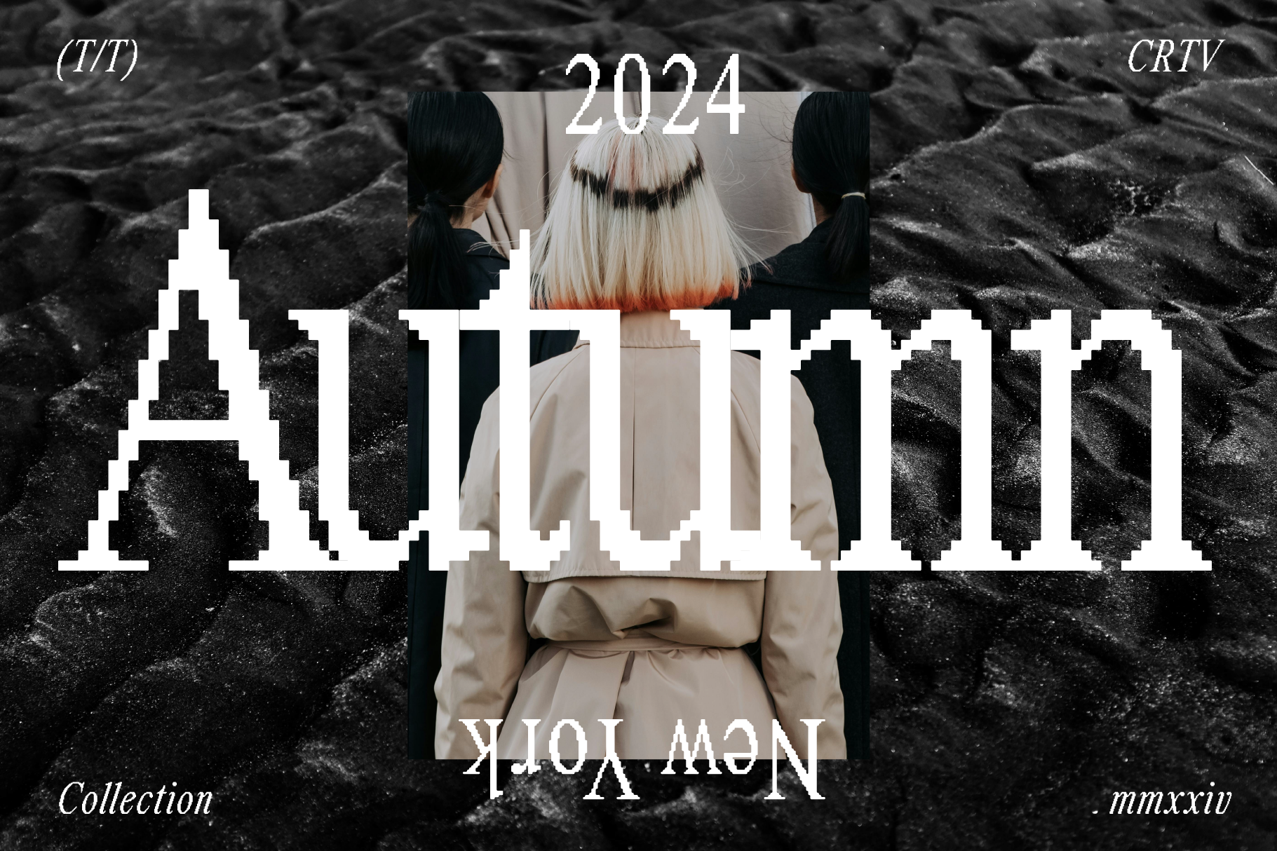 Autumn 2024 graphic design template with pixelated text overlay. Fashionable central figure stands against textured black background for a trendy look.