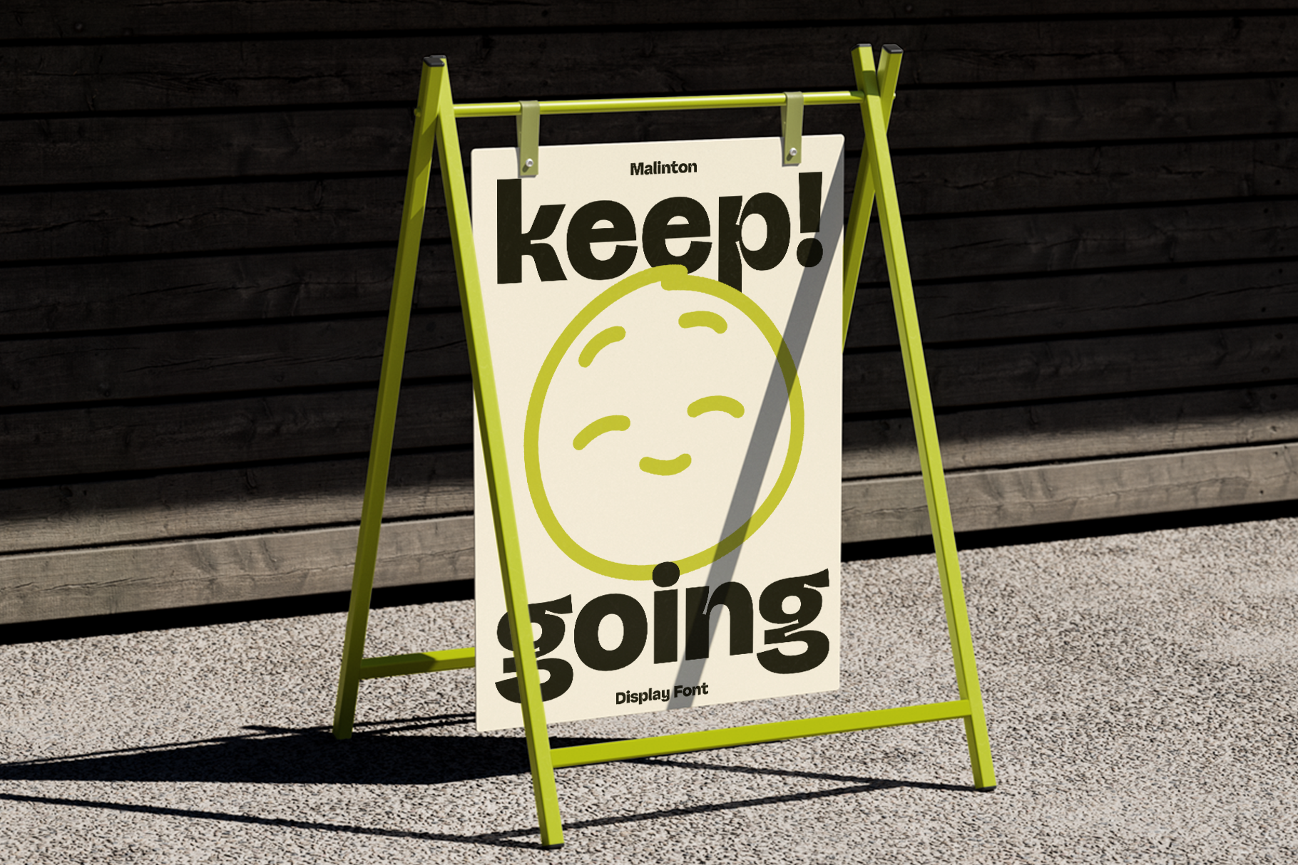 Outdoor signage mockup featuring bold typography on a yellow stand against wooden background ideal for designers seeking display font templates.