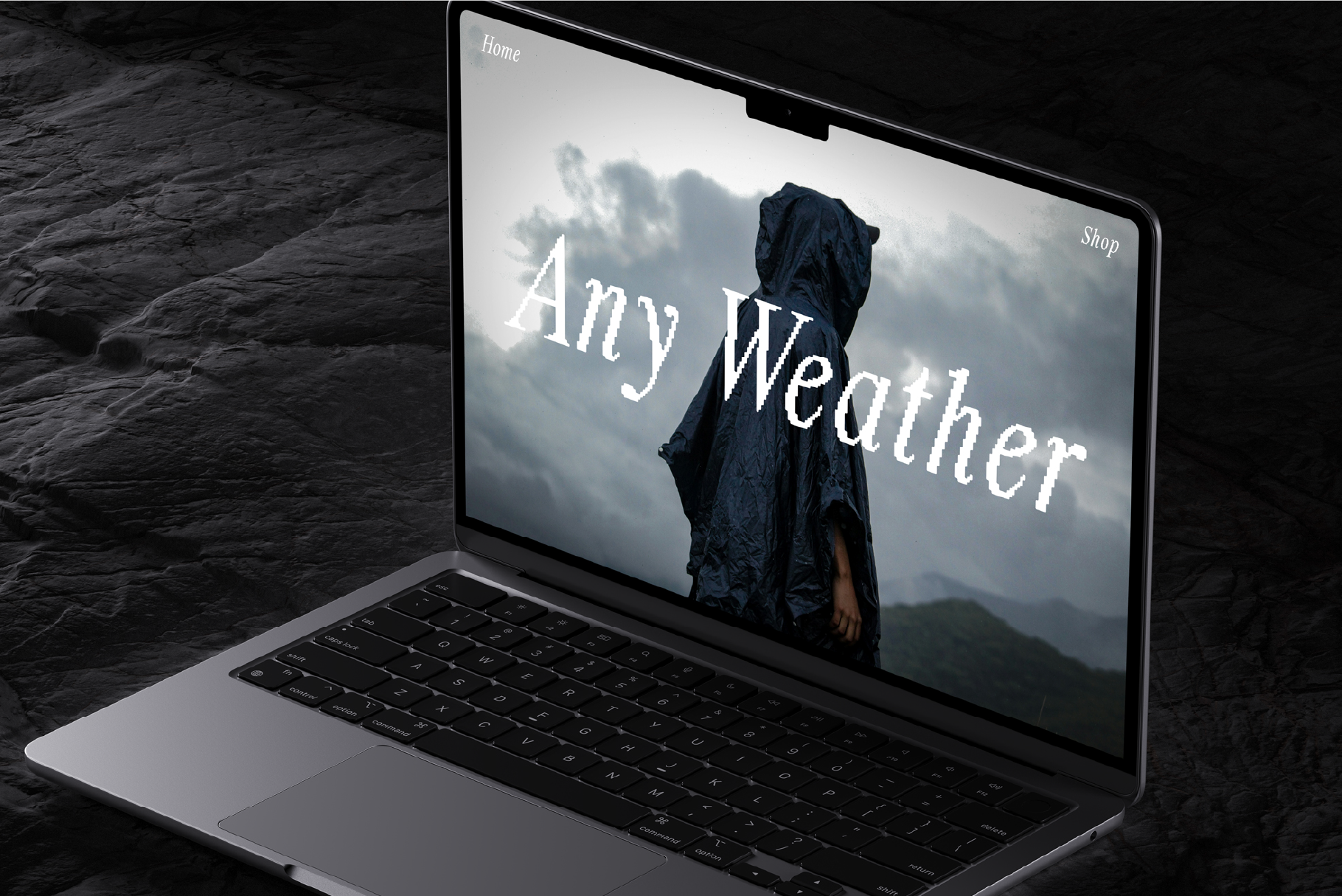 Laptop mockup displaying a weather-themed website with bold font. Perfect for designers needing realistic presentations. Keywords: mockup, design, template.