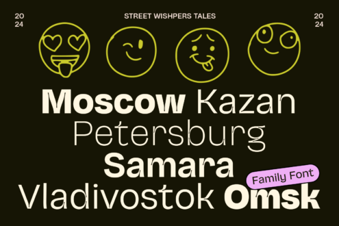 Street Whispers Tales font family displayed with four yellow emoji faces on dark background, city names listed below