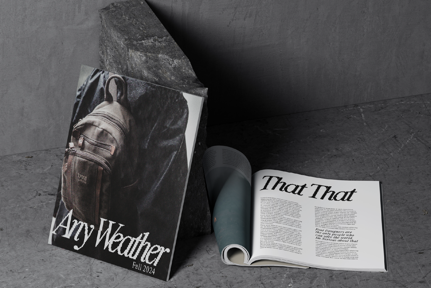 Magazine mockup featuring a backpack cover and an open spread on a gray textured surface. Ideal for showcasing editorial design and graphic templates.
