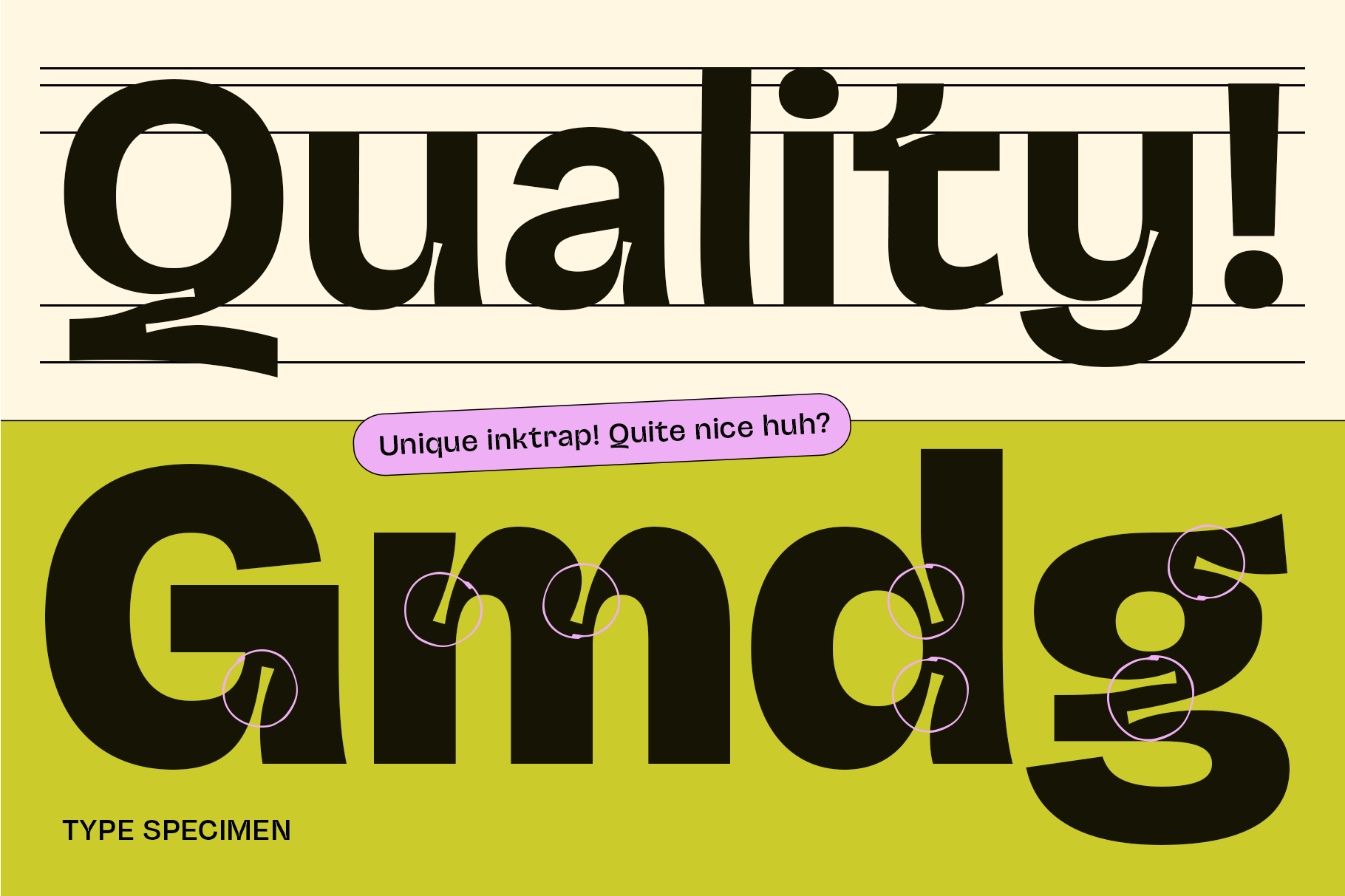Bold modern type specimen showcasing quality with unique ink traps. Perfect for designers seeking innovative font graphics. Vibrant colors enhance appeal.