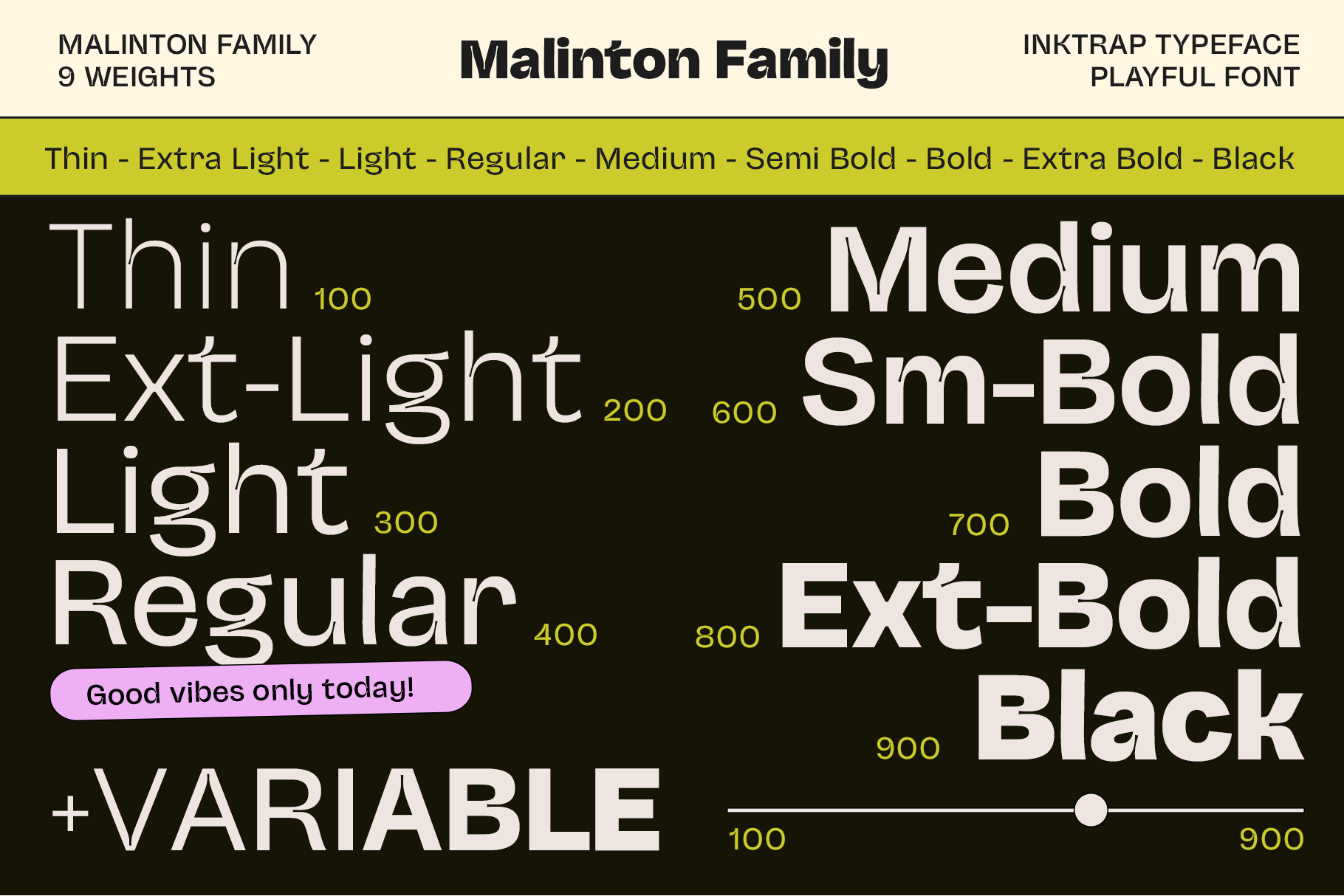 Playful font showcasing Malinton family typeface with 9 weights from Thin to Black. Ideal for designers seeking creative typography assets.
