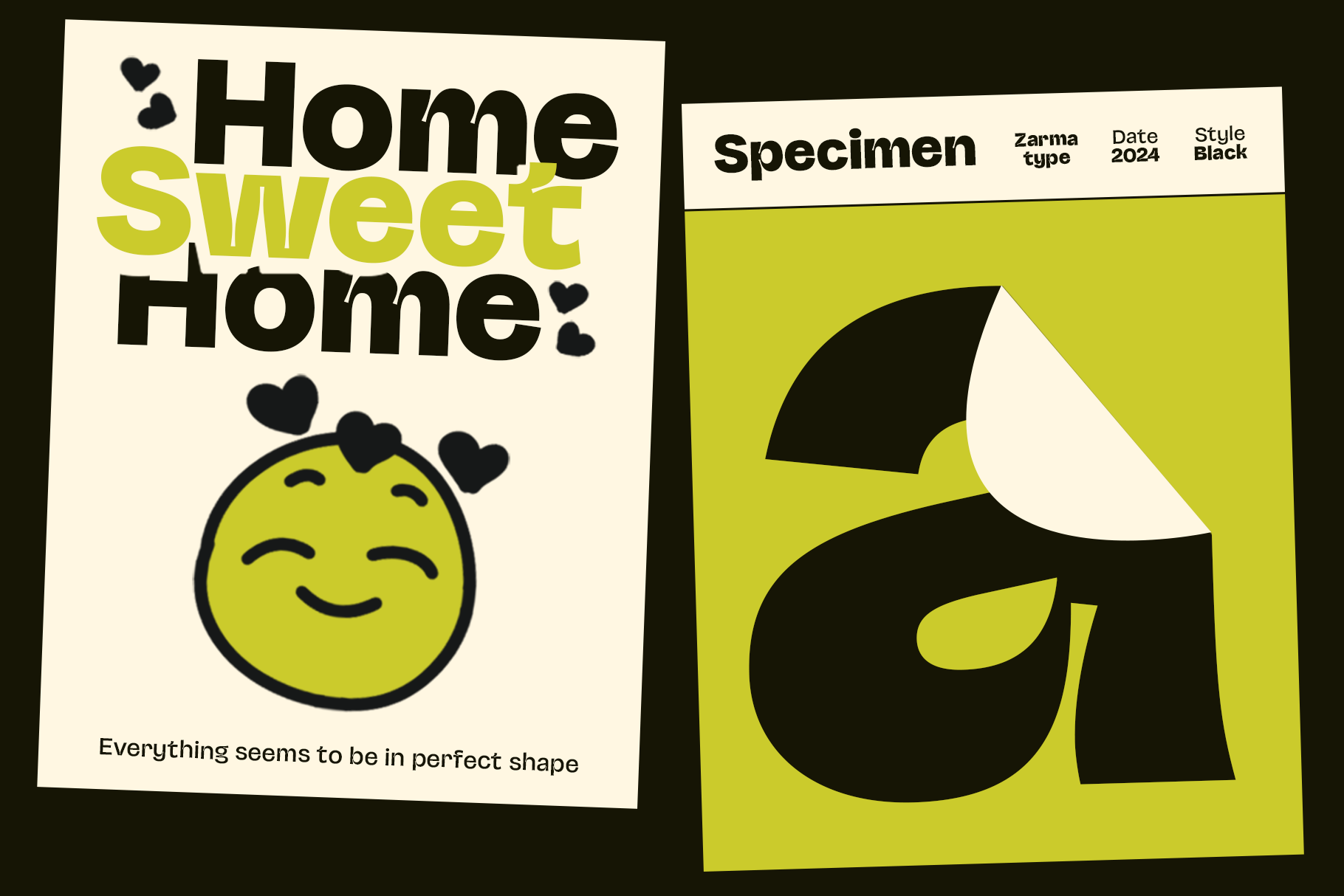 Bold typography design poster featuring Home Sweet Home text with heart emojis and a font specimen. Ideal for designers looking for creative font templates.