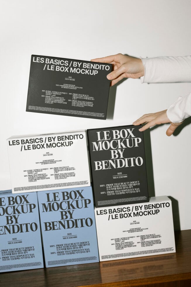 Box mockup collection showcasing sleek minimalist design by Bendito. Ideal for designers seeking high-quality packaging templates and branding assets.