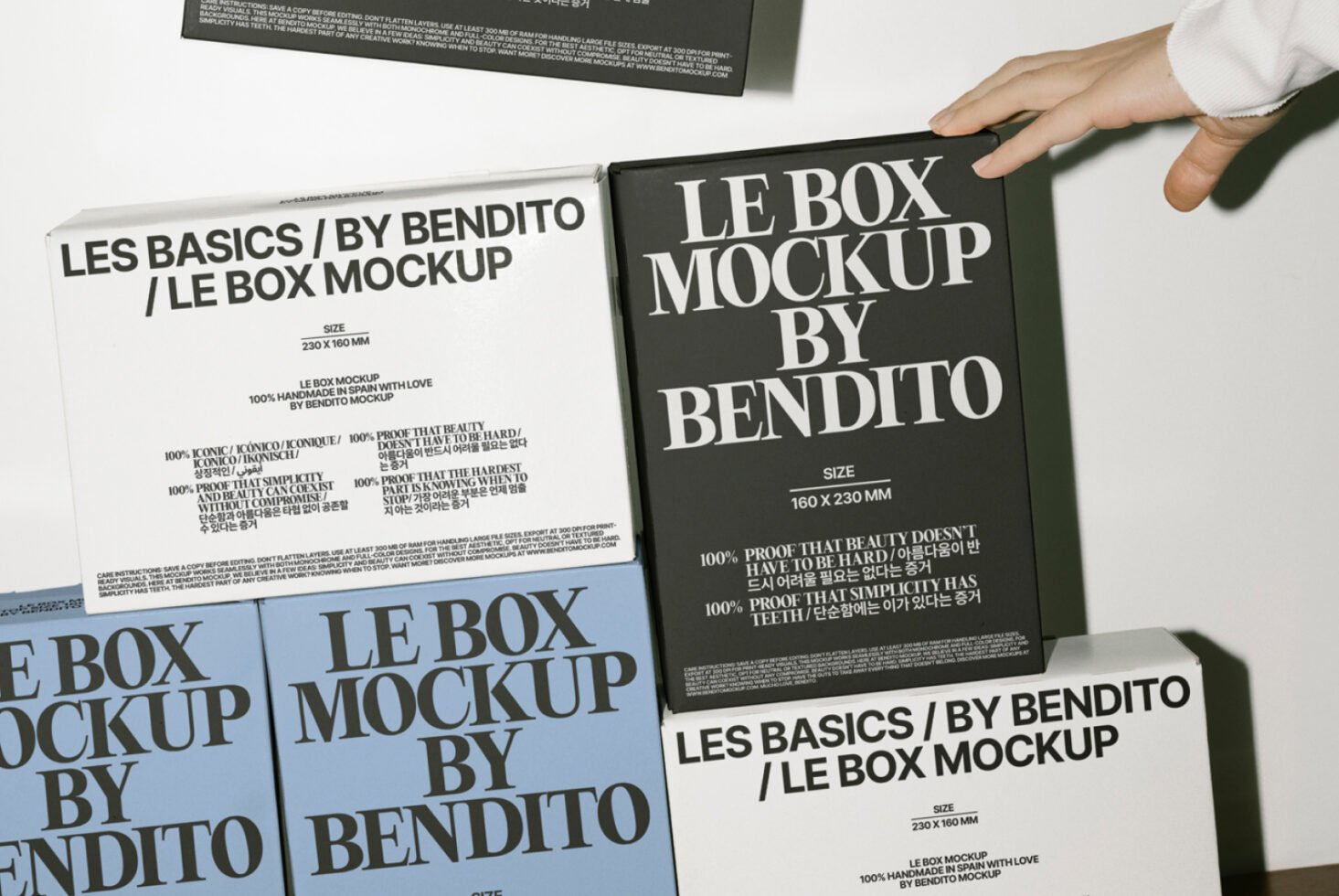 Box mockups titled Le Box by Bendito in various colors, stacked and displayed. Ideal for showcasing packaging designs. Keywords: Mockups, Packaging Design.