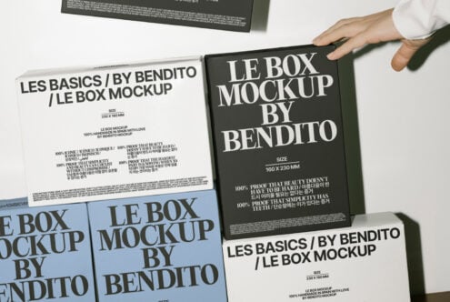 Box mockups titled Le Box by Bendito in various colors, stacked and displayed. Ideal for showcasing packaging designs. Keywords: Mockups, Packaging Design.