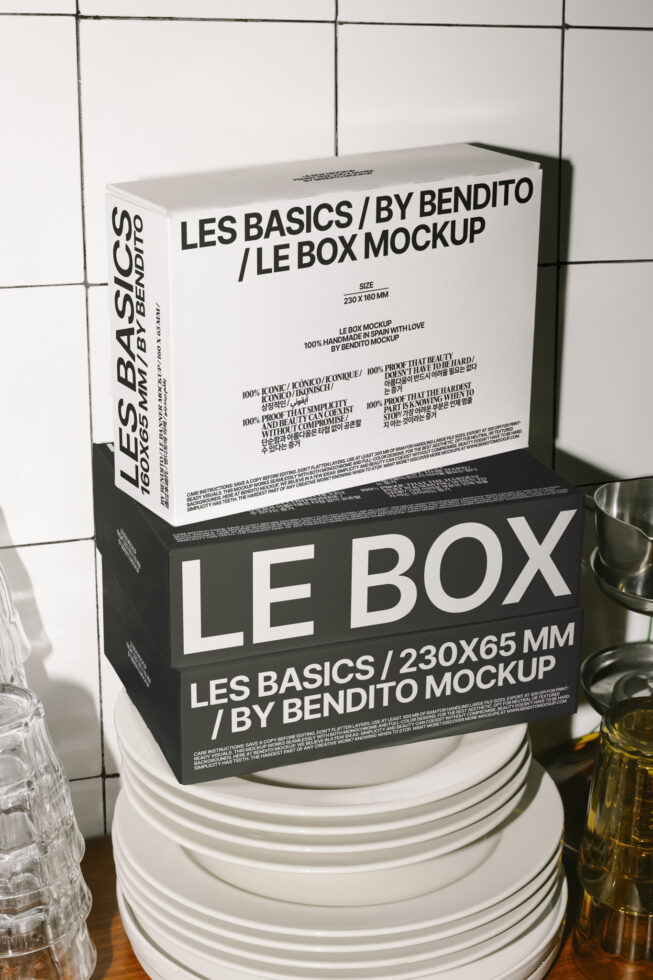 Box packaging mockup on kitchen shelf with plates and glasses. Minimalist design with bold typography. Ideal for graphic designers and template creators.