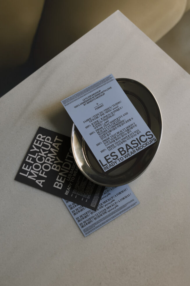 Flyer mockup on a beige surface with a bowl showcasing minimalist design. Perfect for designers seeking modern mockups templates. Neutral color palette.