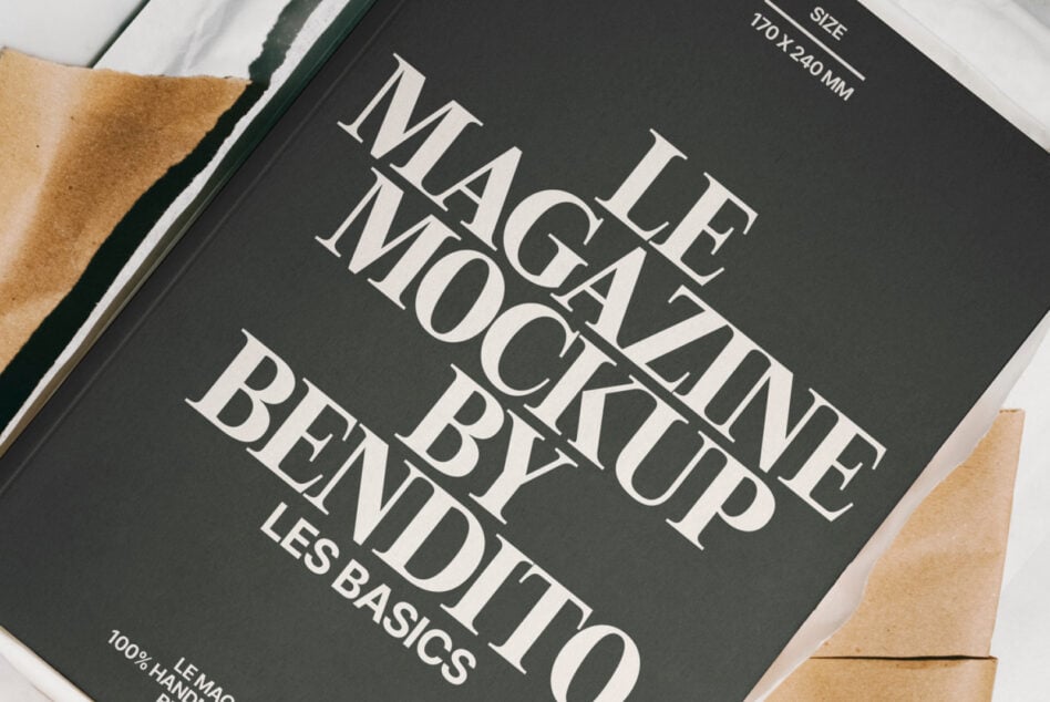 Dark magazine cover mockup angled shot on kraft paper with marble