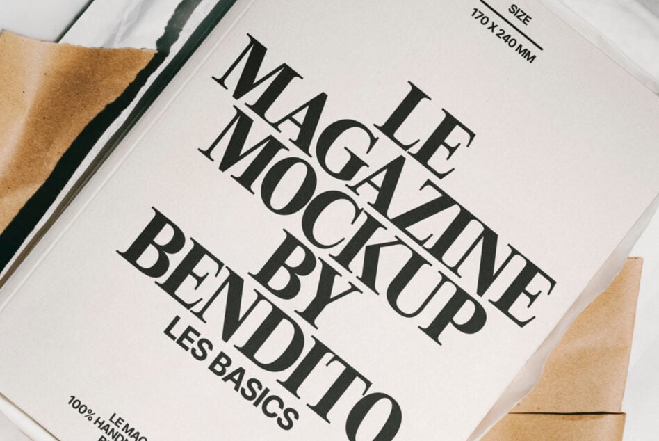 Light magazine cover mockup angled shot on kraft paper with marble