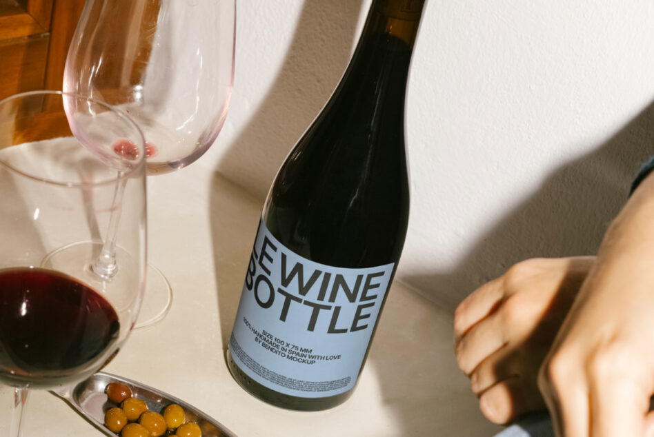 Close up wine bottle mockup with label, half-filled glass, green olives in dish