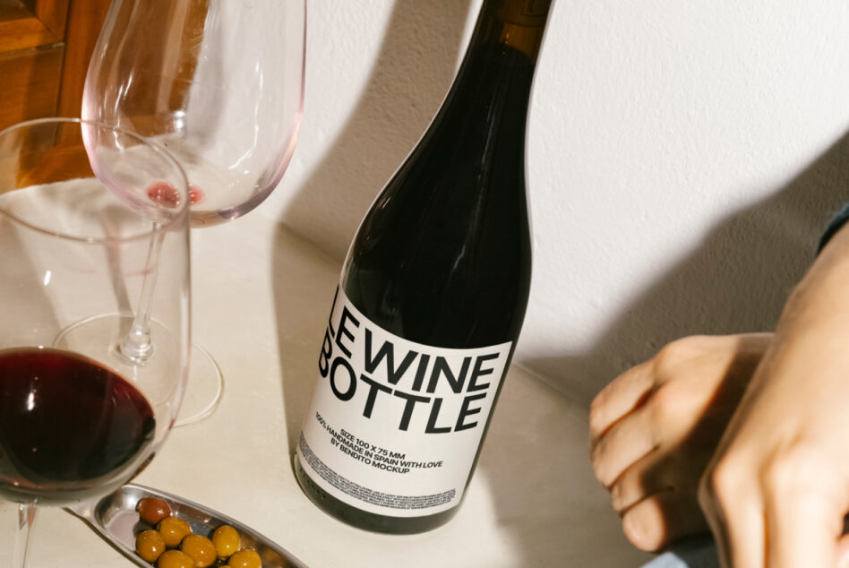 Wine bottle mockup with label, half-filled glass, green olives, hands visible