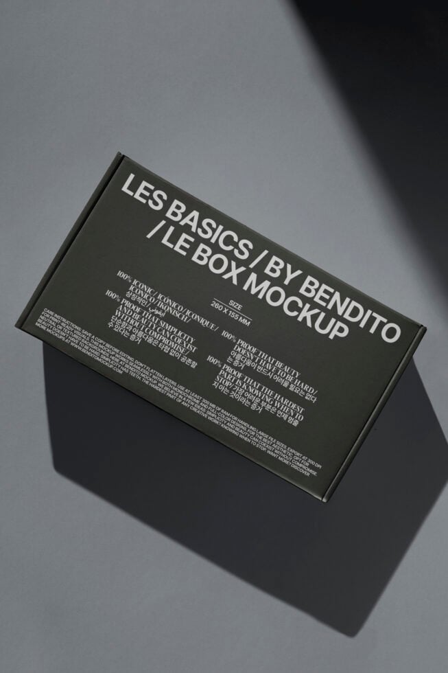Stylish box mockup for designers showcasing minimal typography and shadow effects. Ideal for showcasing packaging concepts, branding, and design projects.
