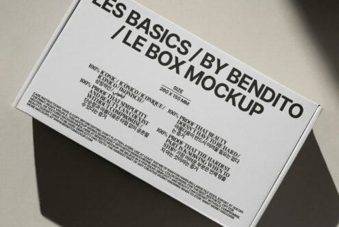 Minimalist box design mockup titled Les Basics by Bendito. Ideal for product packaging design presentation. Keywords: mockup, packaging, design, minimalist.