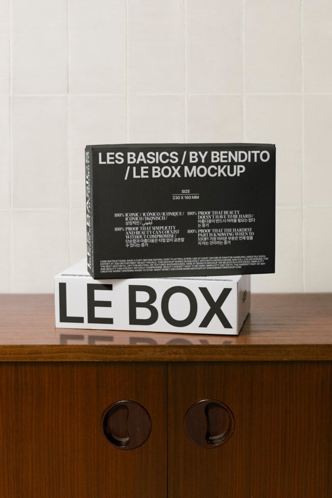 Two-tone box mockup stacked on wooden cabinet with white tile backdrop