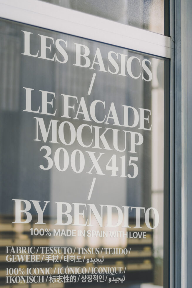 Facade mockup design with reflective text on glass, featuring multilingual typography. Perfect for branding, signage templates, and graphic projects.